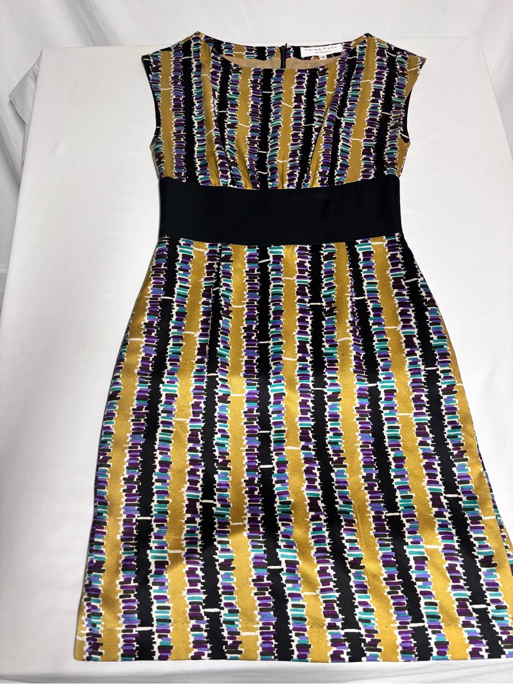 Trina Turk Silk Dress Size 4 Mustard Purple Teal Graphic Print Made in USA